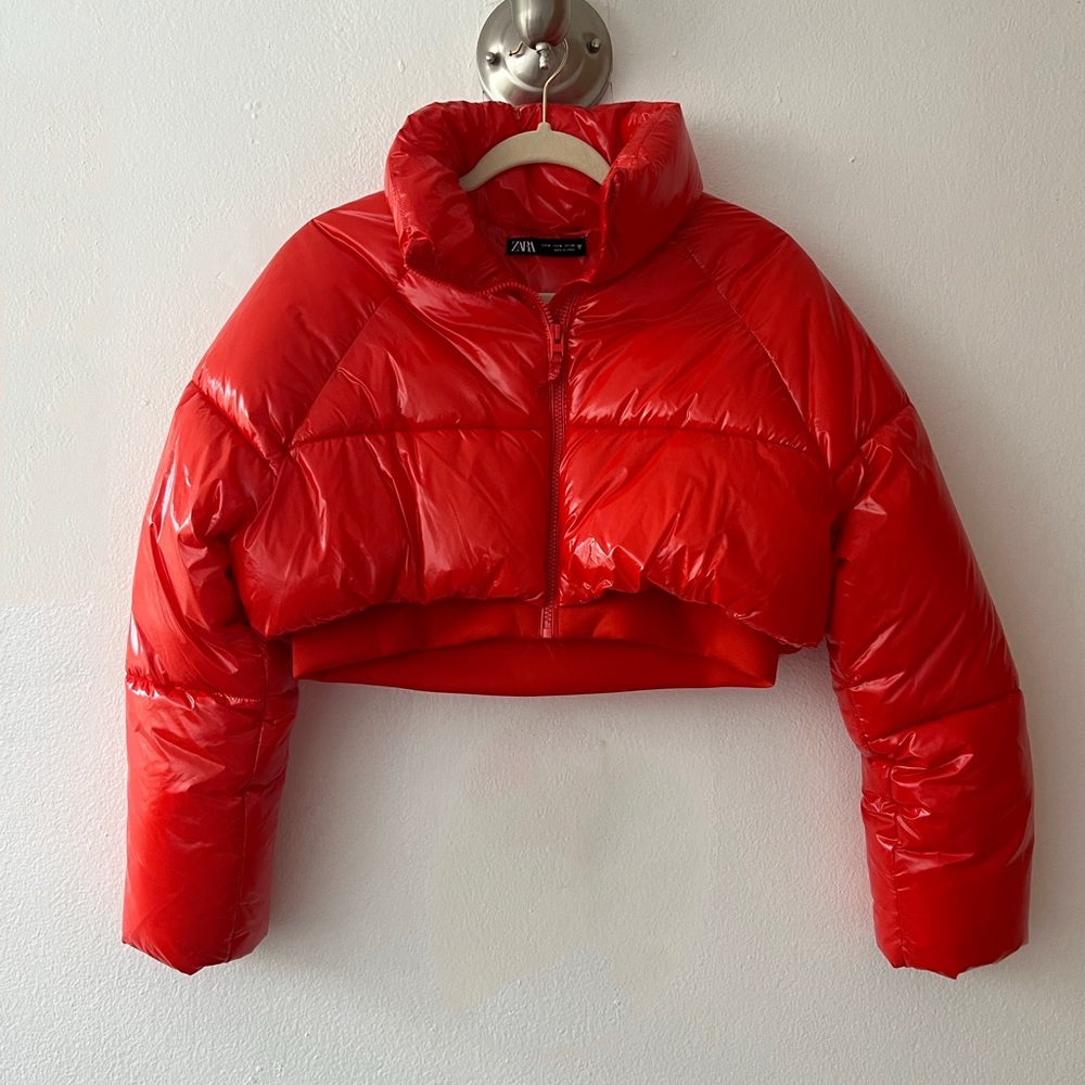 Zara cropped puffer jacket bright red orange size M